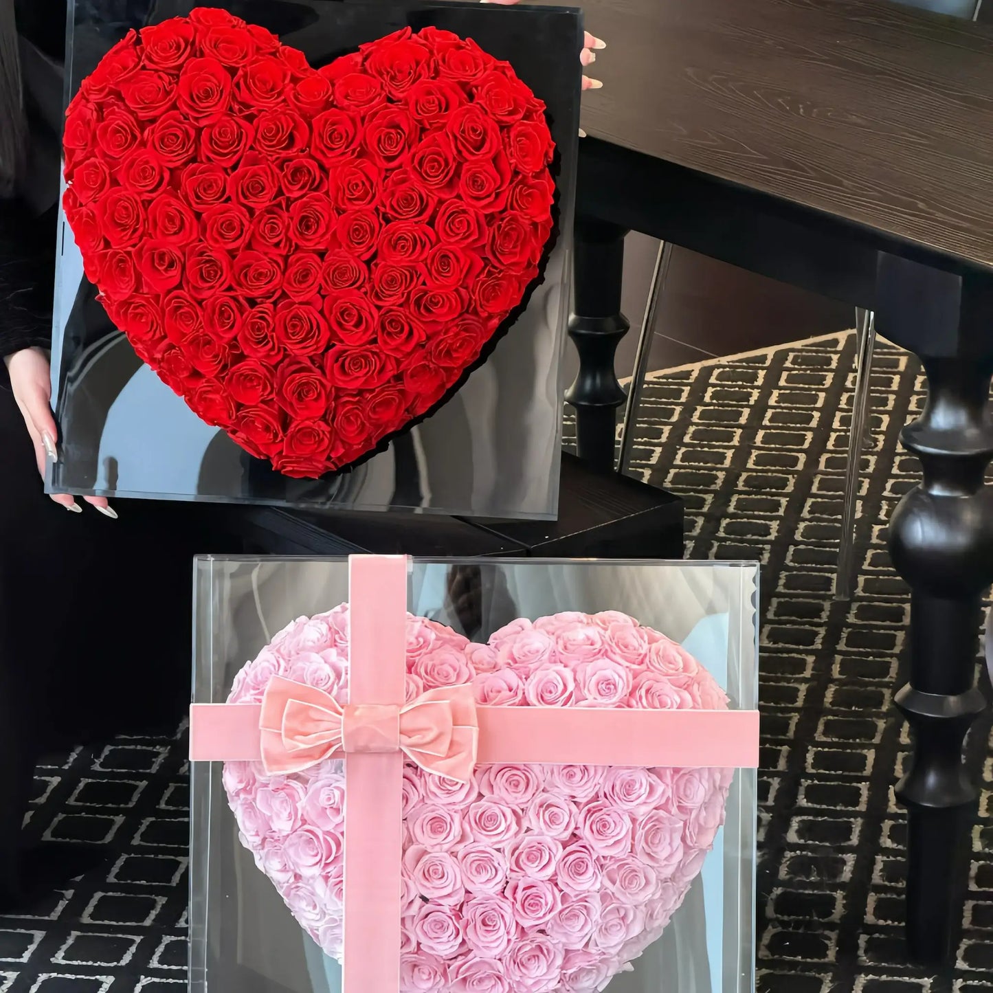 LULU ROSÉE 99 3D heart rose box light pink and red rose boxes as a romantic gift set