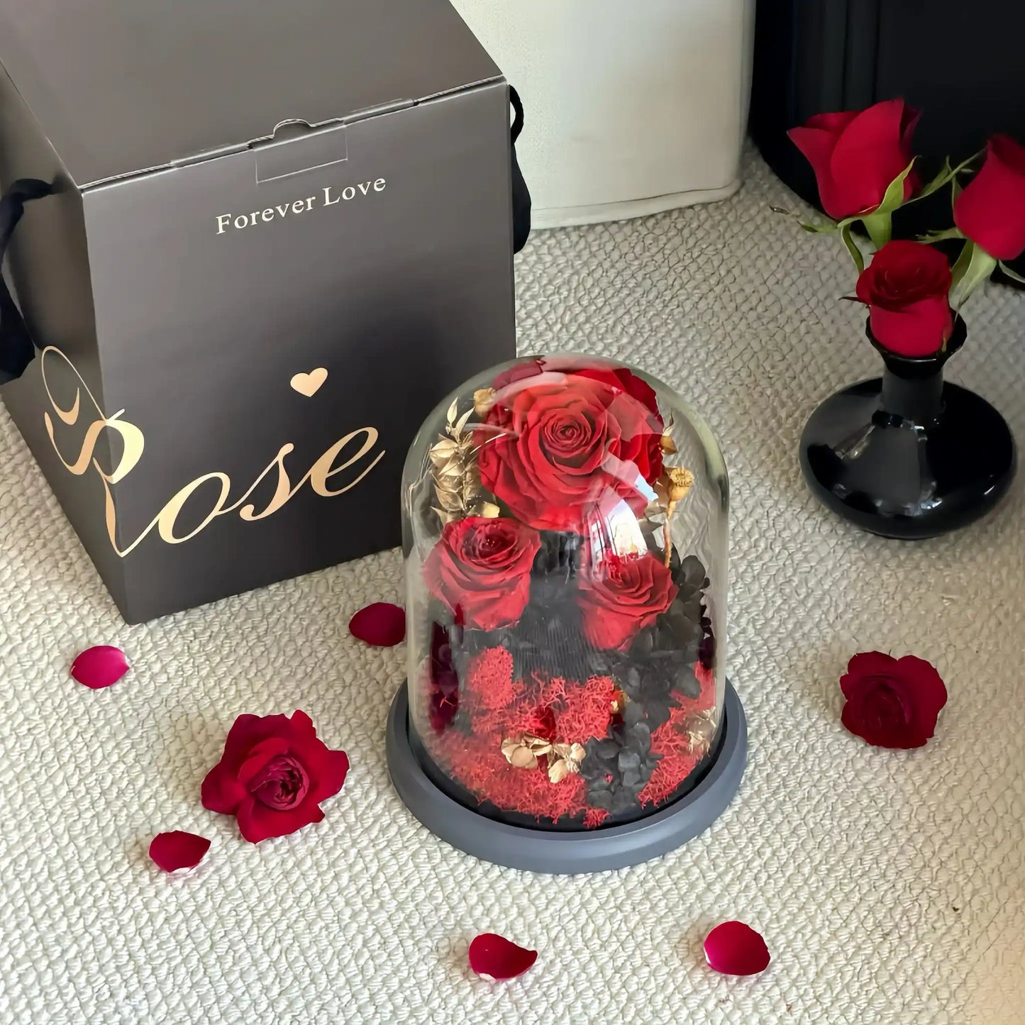 LULU ROSÉE Red Rose Glass Dome with Matching Gift Box, Preserved Everlasting Flower for Romantic Gifts