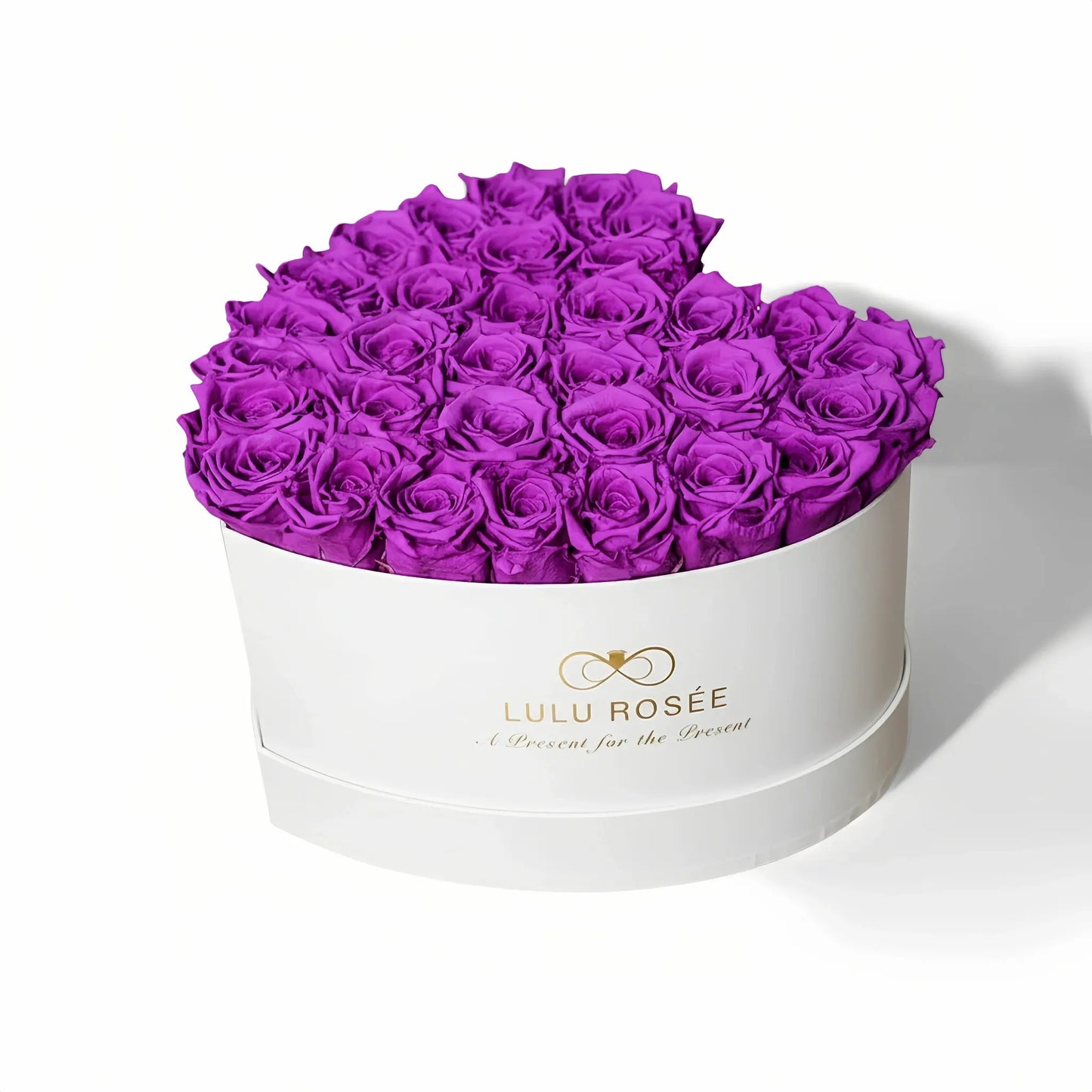 LULU ROSÉE large heart box purple roses white classic box on white background