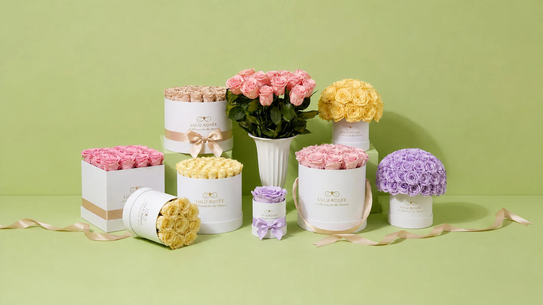 LULU ROSÉE full collection of multicolor pastel preserved rose round flower boxes, trending elegant pastel everlasting floral decor for 2026 summer wedding arrangements & romantic events