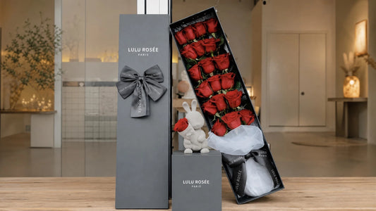 LULU ROSÉE Grande long stem red preserved rose gift box with bunny ornament, elegant luxury romantic flower gift ideas for women, thoughtful unique presents for her special occasions