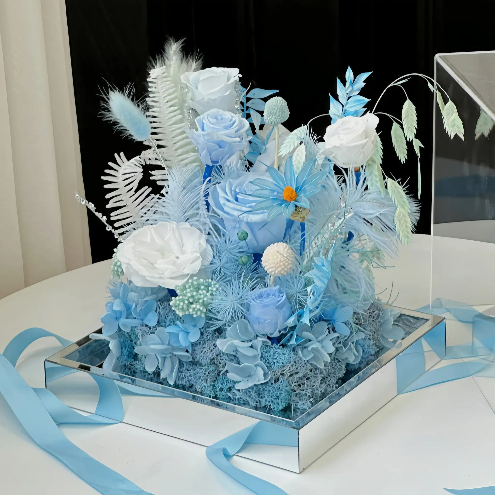 LULU ROSÉE Ice Island Dream Floral Box Side View, Cool Blue Everlasting Flower Display