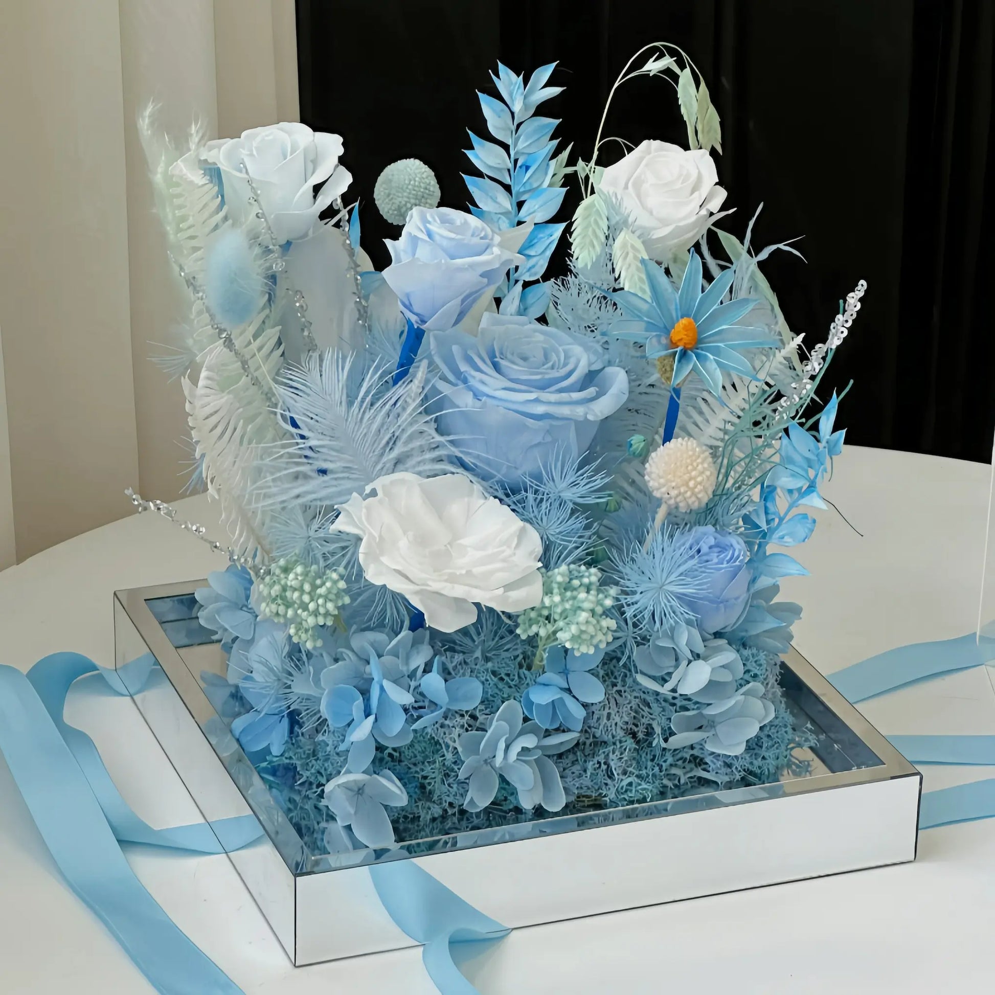 LULU ROSÉE Ice Island Dream Acrylic Box Close-Up, Sky Blue and White Everlasting Blooms