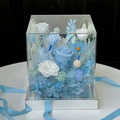 LULU ROSÉE Ice Island Dream Preserved Flower Box Top View, Blue Floral Decor