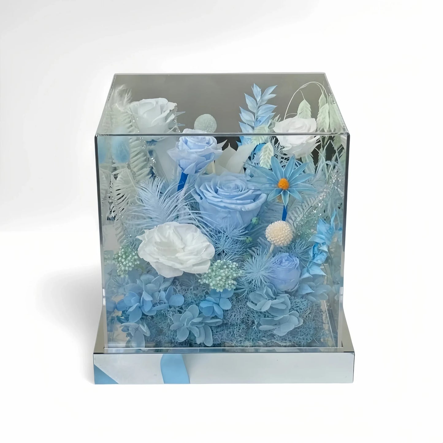 LULU ROSÉE Ice Island Dream Acrylic Box, Pastel Blue Preserved Flower Arrangement with Blue Ribbon