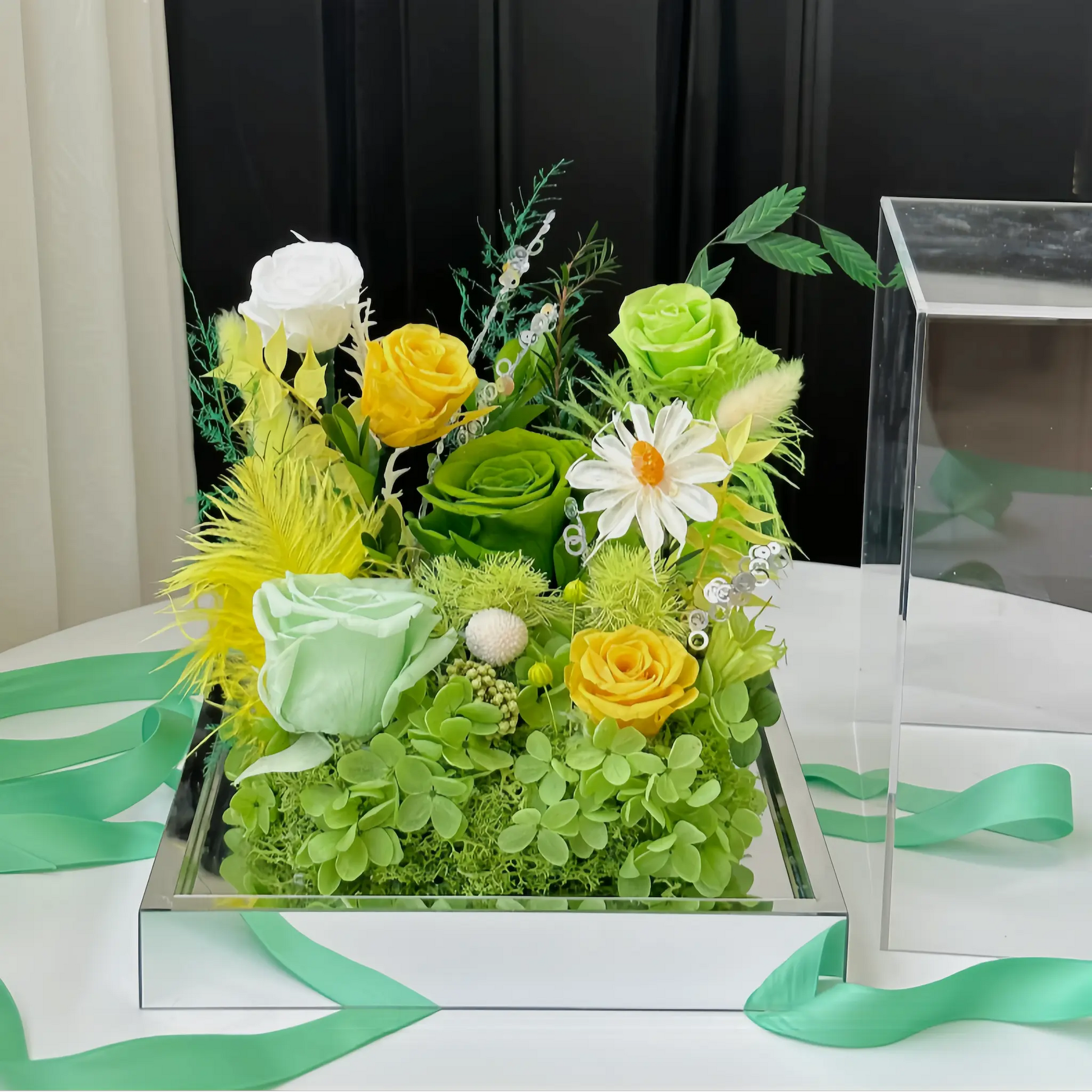 LULU ROSÉE Lime Spring Acrylic Box with Green Ribbon, Preserved Flower Arrangement