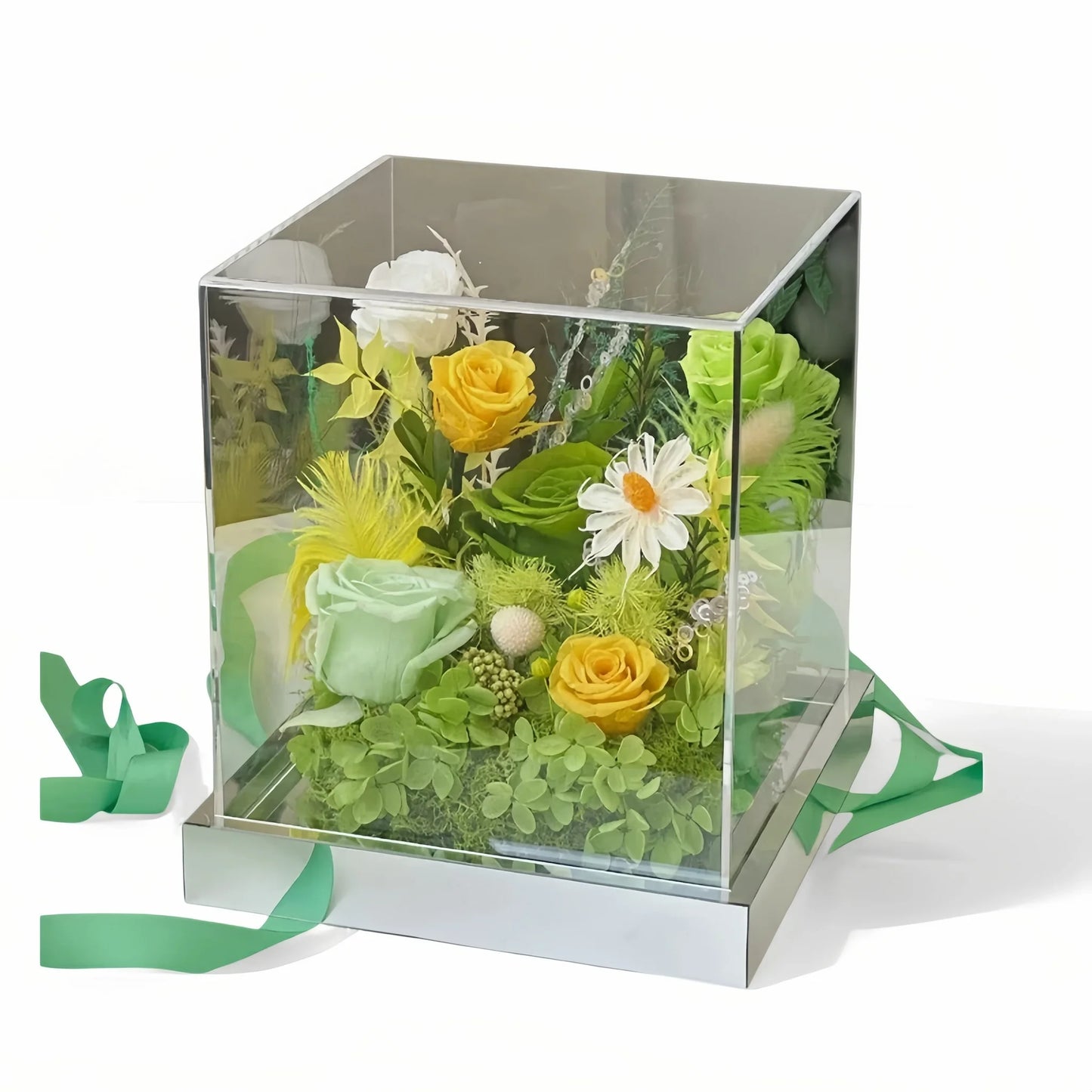 LULU ROSÉE Lime Spring Acrylic Box, Fresh Green Preserved Flower Arrangement with Green Ribbon