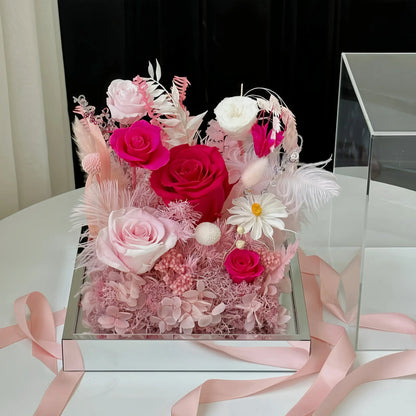 LULU ROSÉE Pink Flame Rose Acrylic Box with Pink Ribbon, Preserved Flower Arrangement