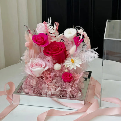 LULU ROSÉE Pink Flame Rose Floral Box Side View, Magenta Pink Everlasting Flower Display