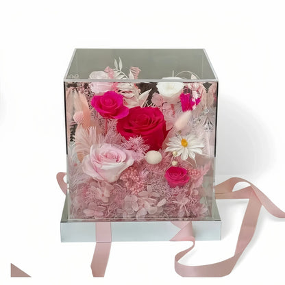 LULU ROSÉE Pink Flame Rose Acrylic Box, Vibrant Pink Preserved Flower Arrangement with Pink Ribbon