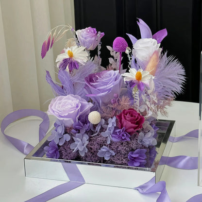 LULU ROSÉE Purple Mist Dream Acrylic Box with Purple Ribbon, Preserved Flower Arrangement