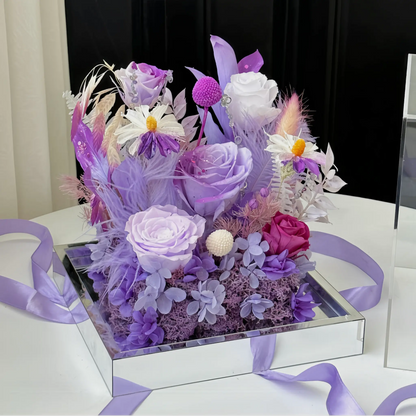 LULU ROSÉE Purple Mist Dream Acrylic Box Close-Up, Lavender and Pink Everlasting Blooms