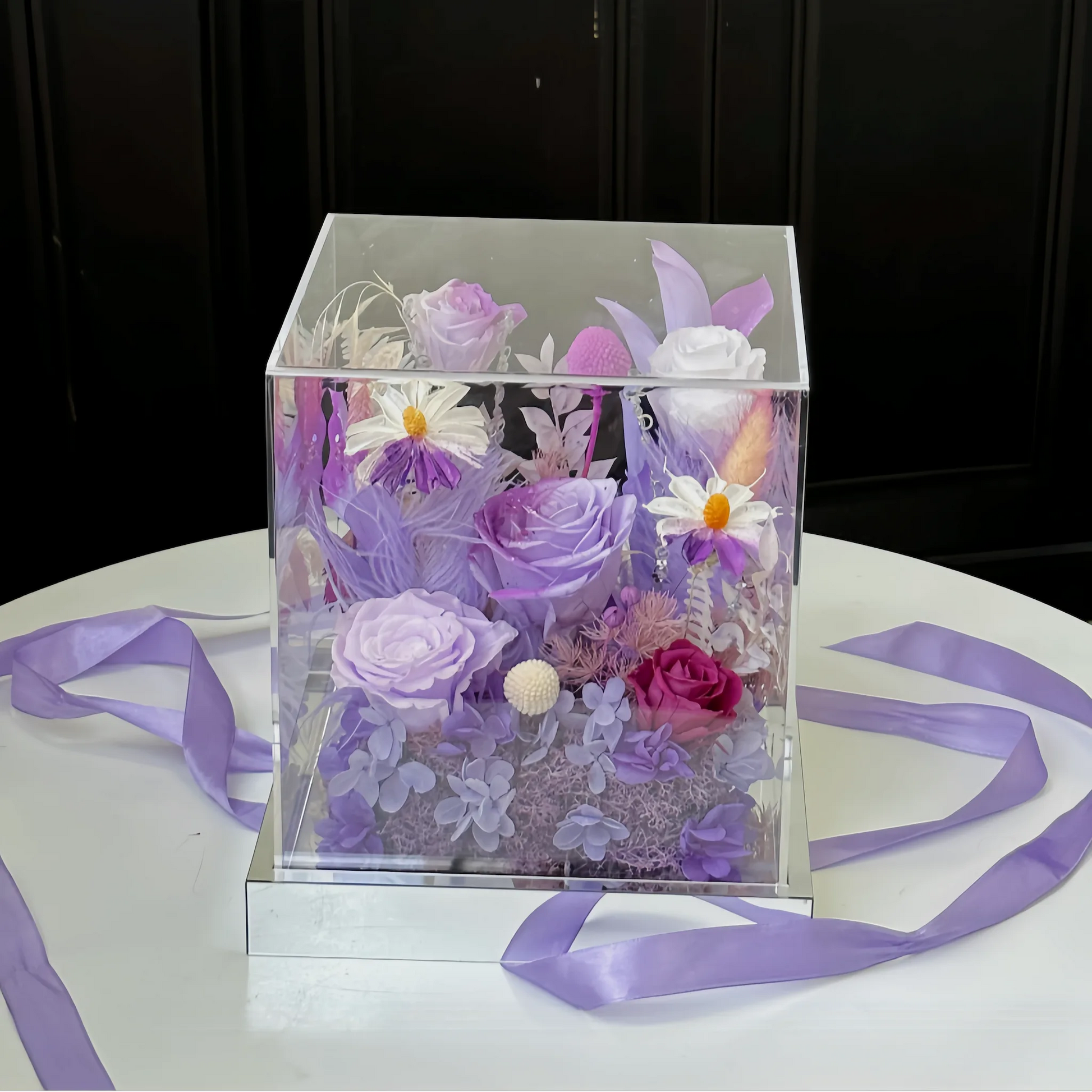 LULU ROSÉE Purple Mist Dream Floral Box, Purple Preserved Flower Arrangement with Ribbon