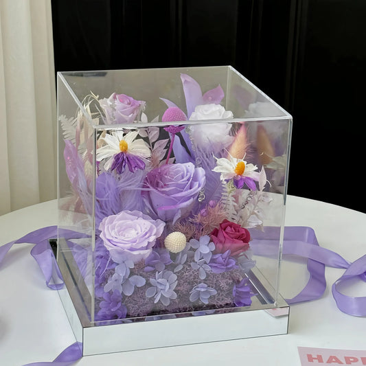 LULU ROSÉE Purple Mist Dream Floral Box Side View, Pastel Purple Everlasting Flower Display