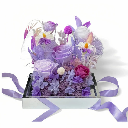 LULU ROSÉE Purple Mist Dream Acrylic Box, Lavender Preserved Flower Arrangement with Purple Ribbon