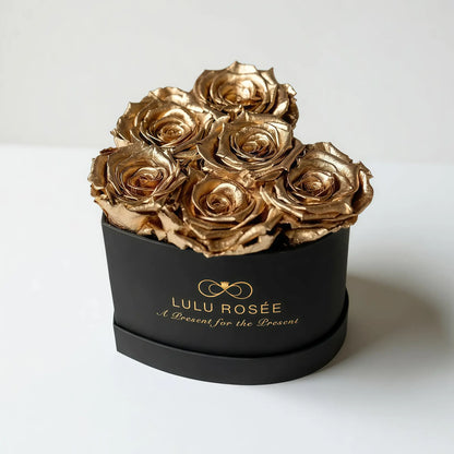 LULU ROSÉE baby heart box gold roses black classic box on white background