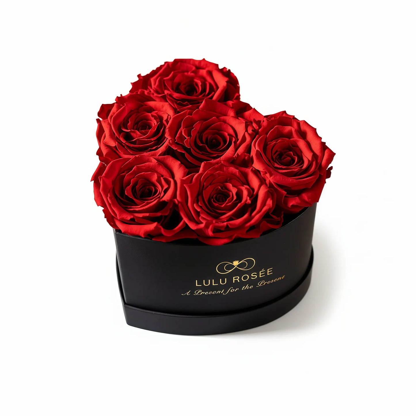 LULU ROSÉE baby heart box red roses black classic box on white background