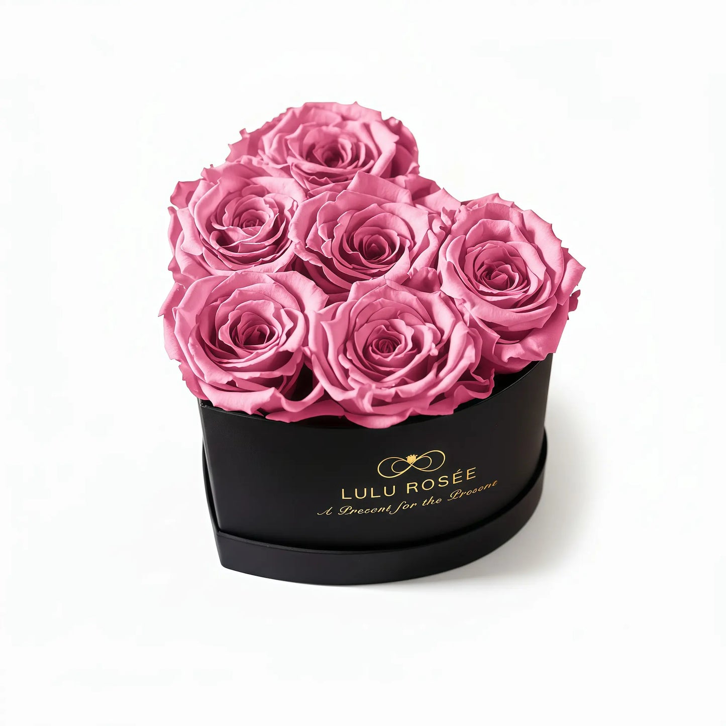LULU ROSÉE baby heart box sweet pink roses black classic box on white background