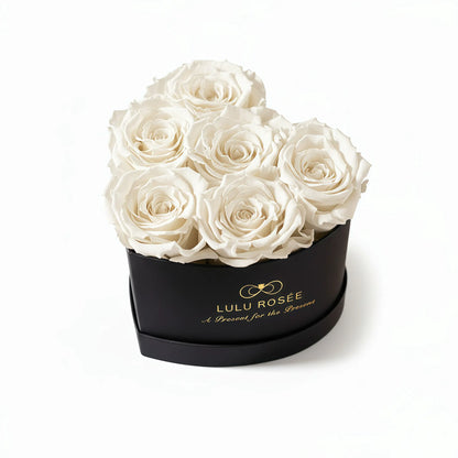 LULU ROSÉE baby heart box white roses black classic box on white background