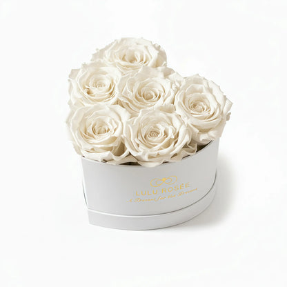 LULU ROSÉE baby heart box white roses white classic box on white background