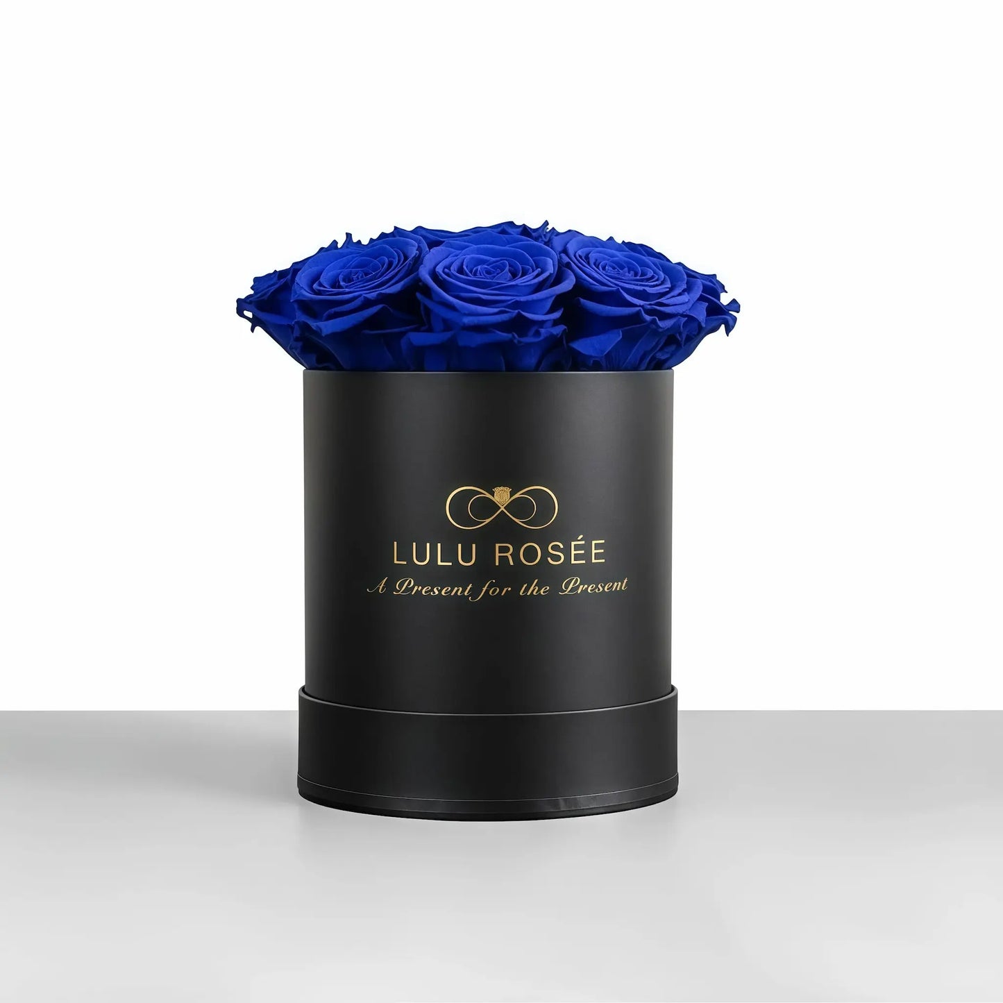 LULU ROSÉE baby round box royal blue roses black classic box on white background