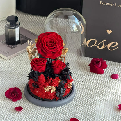 LULU ROSÉE Beauty and the Beast Red Preserved Rose in Glass Dome with Black and Gold Details, Luxury Everlasting Flower Decor