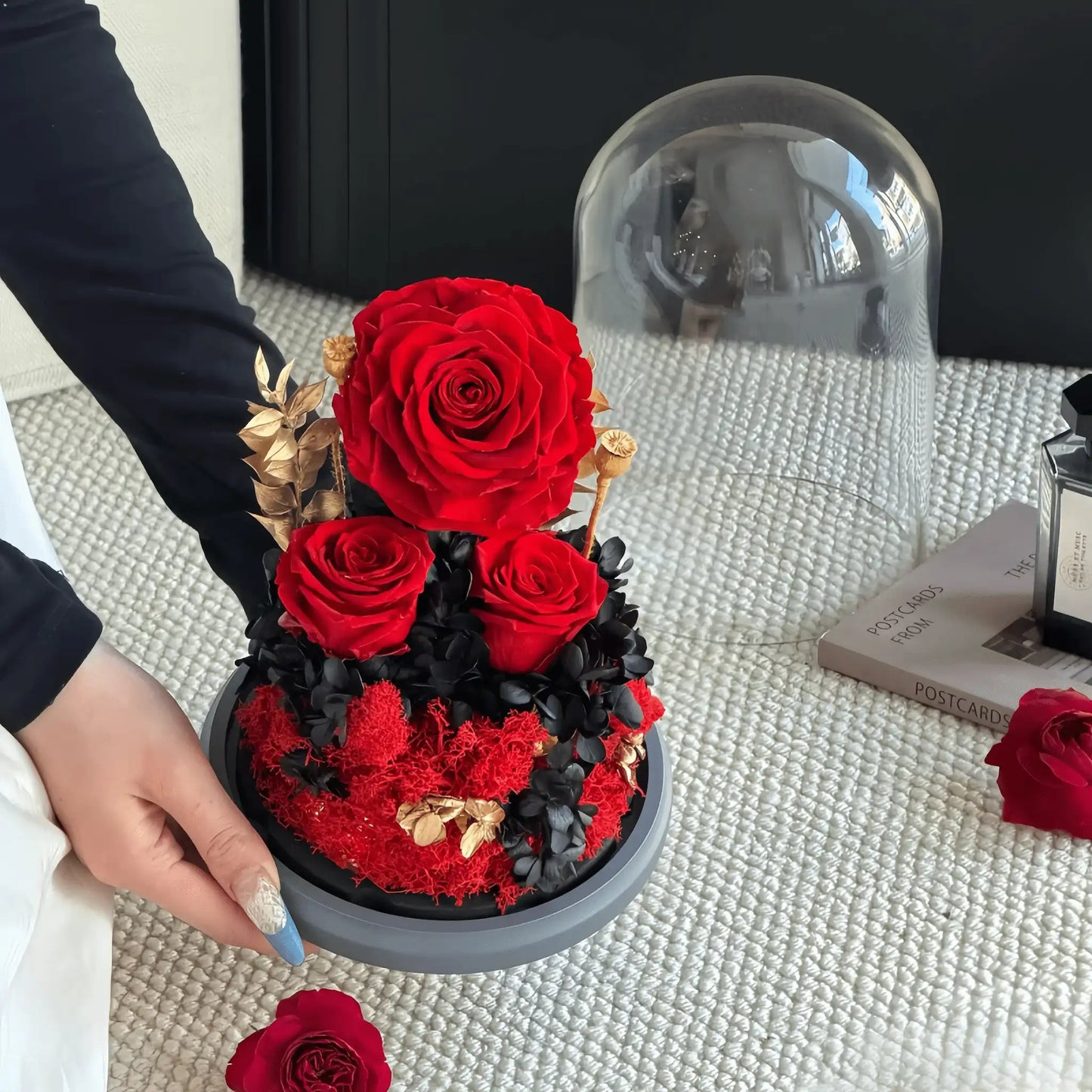 LULU ROSÉE Glass Dome Rose Box with Removable Lid, Red Preserved Rose with Black and Gold Accents