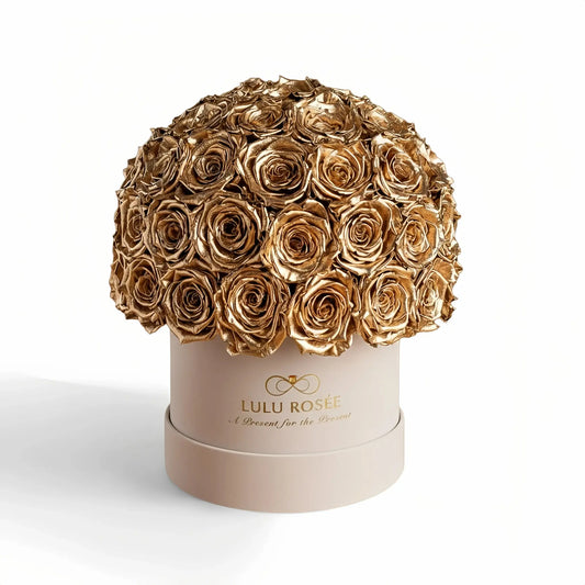 LULU ROSÉE superdome box gold roses  beige box on white background