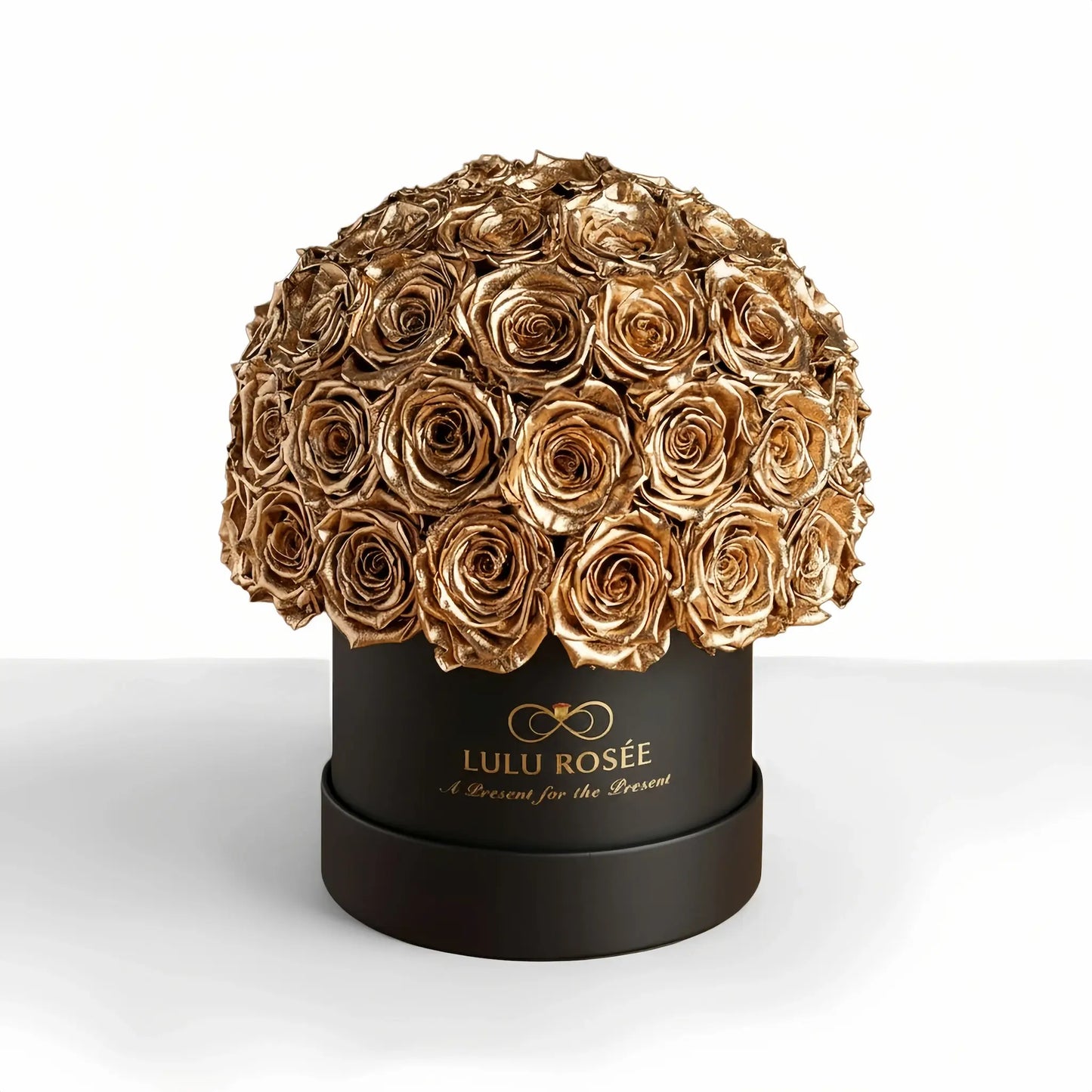 LULU ROSÉE superdome box gold roses   black box on white background