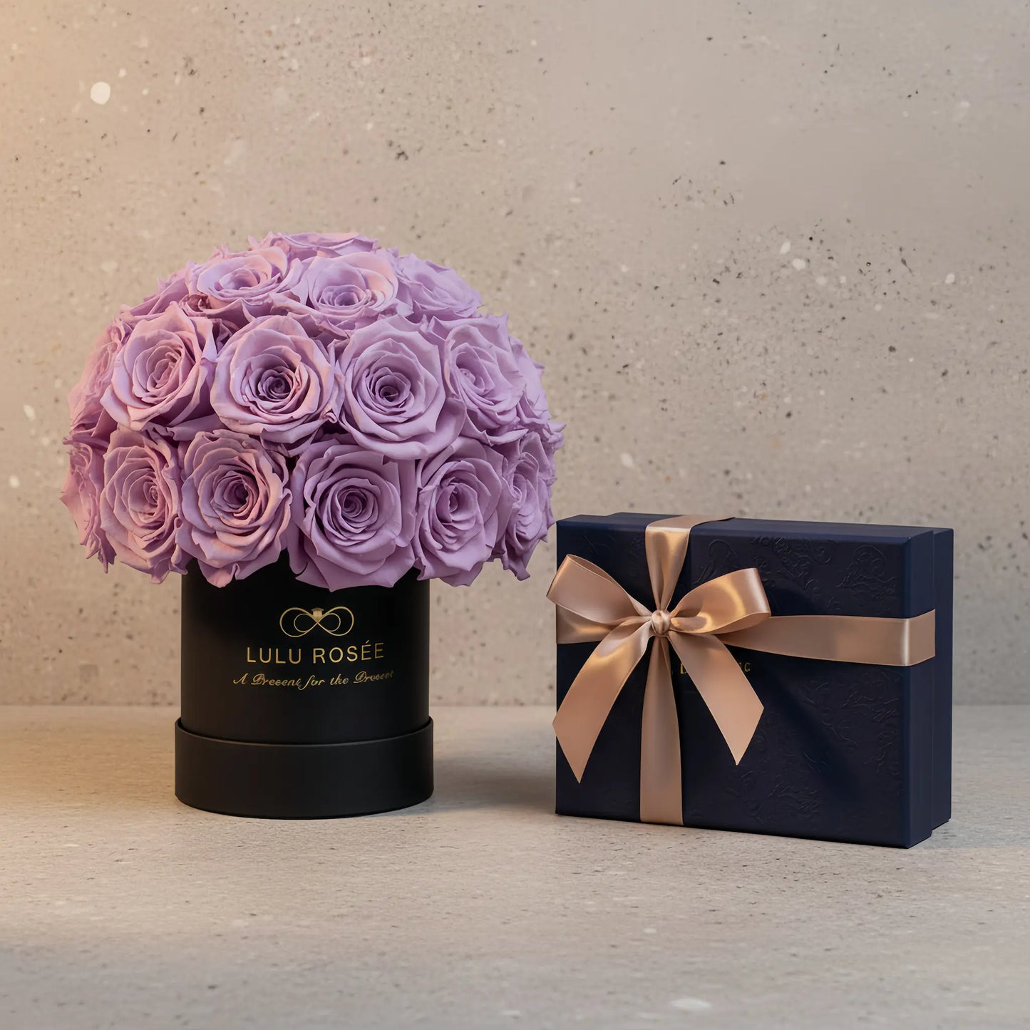 LULU ROSÉE classic superdome box lavender roses black classic box for Valentine's Day gift