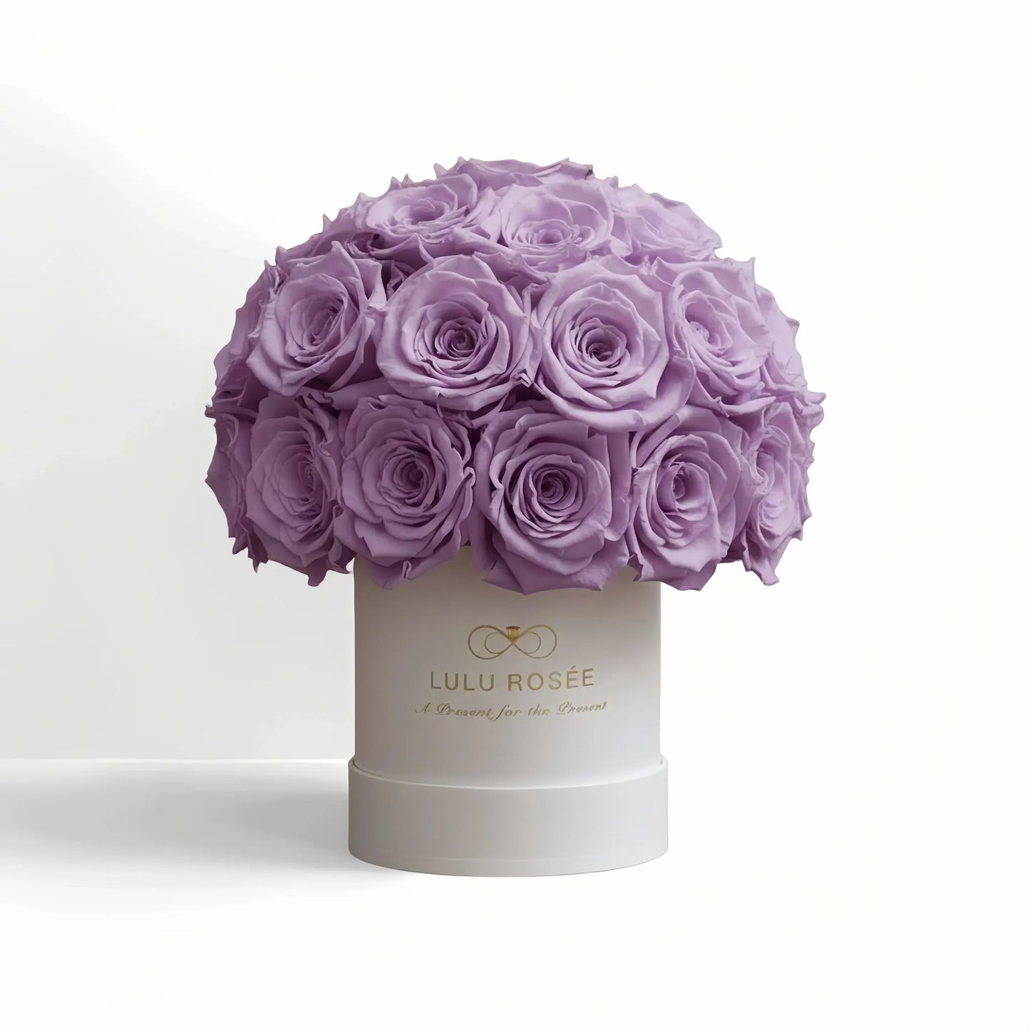 LULU ROSÉE classic superdome box lavender roses white classic box on white background
