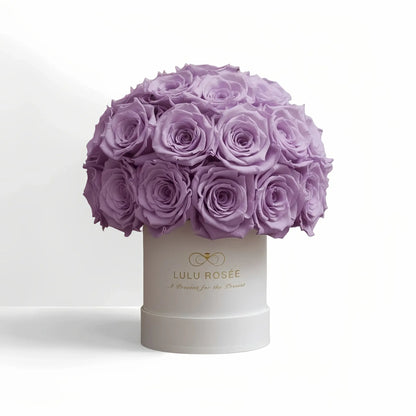 LULU ROSÉE classic superdome box lavender roses white classic box on white background