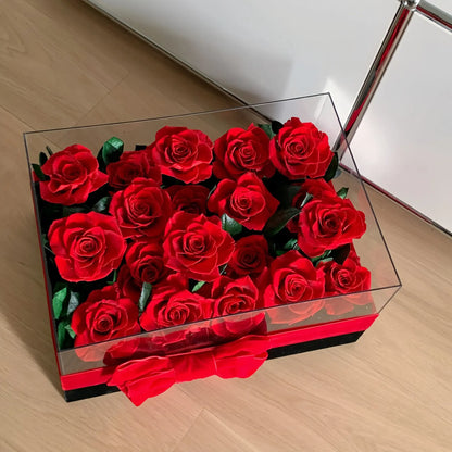 LULU ROSÉE Eternal Rose Garden 19 Red Roses in Clear Acrylic Box with Red Satin Ribbon