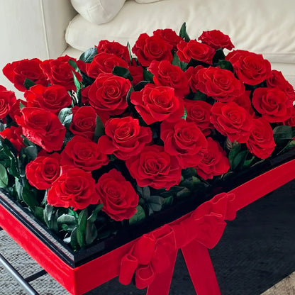 LULU ROSÉE Close-Up of 52 Red Roses, Lush Eternal Rose Arrangement with Red Bow