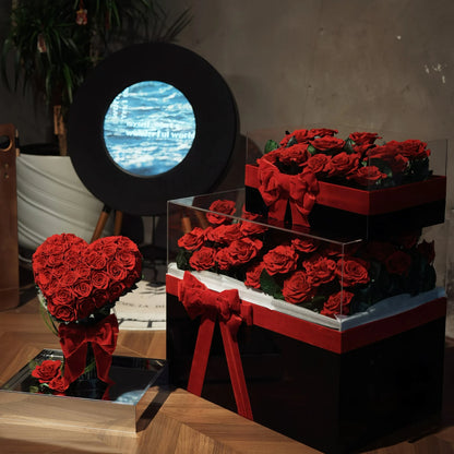 LULU ROSÉE Eternal Rose Garden Three-Size Collection, Heart Bouquet, 19 Roses and 52 Roses Display