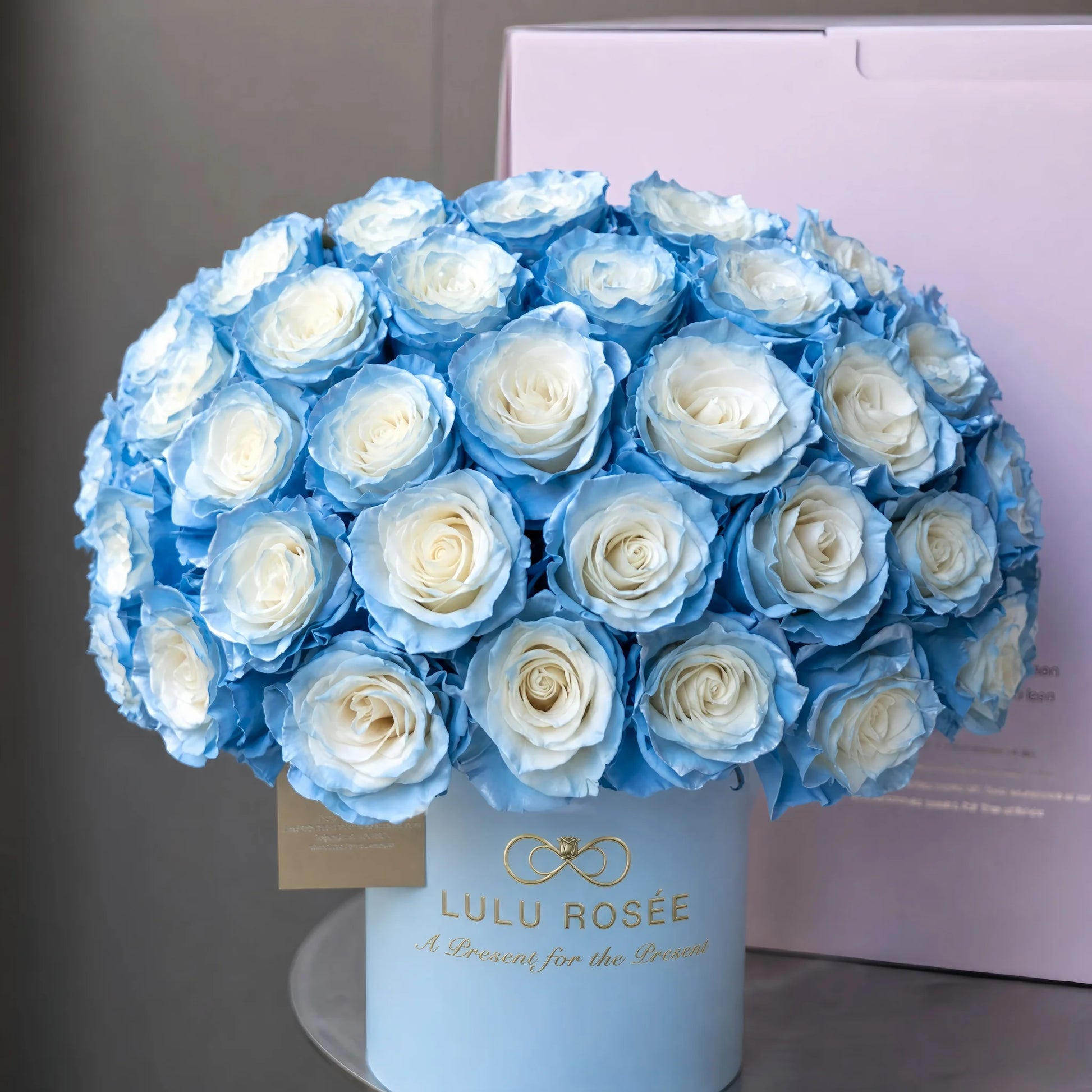 LULU ROSÉE Grande Superdome Ice Blue Gradient Preserved Rose Box close-up shot, dome-shaped gradient ice blue preserved roses paired with pink gift box and white ribbon gift card, premium romantic flower gift set