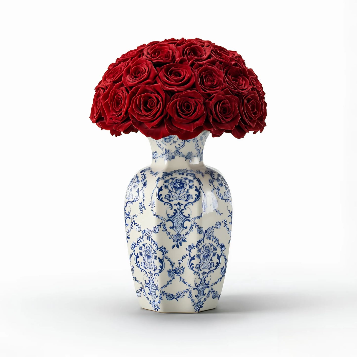 LULU ROSÉE large blue porcelain vase red roses blue porcelain vase on white background