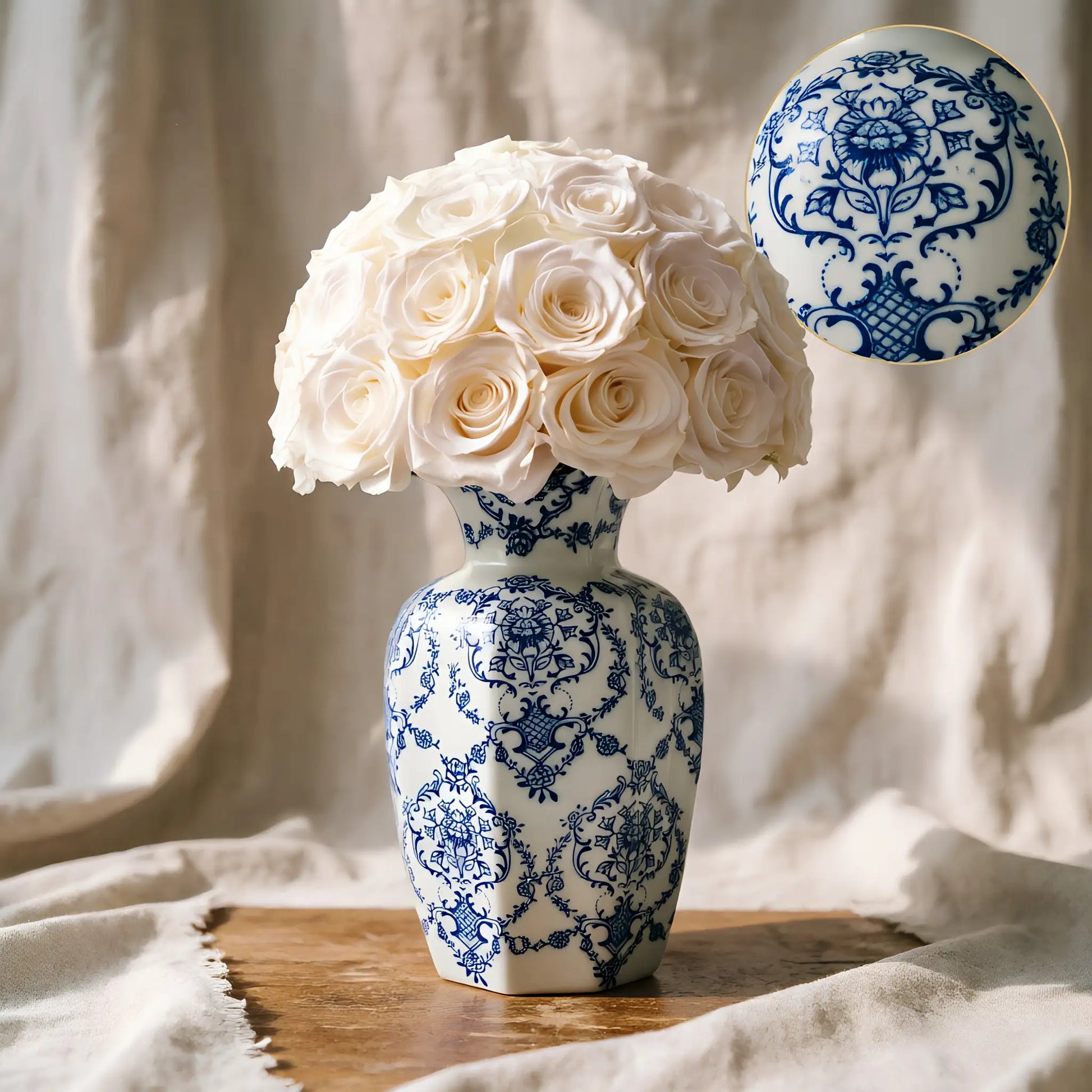 LULU ROSÉE large blue porcelain vase white rose on a wooden surface with a soft fabric background.