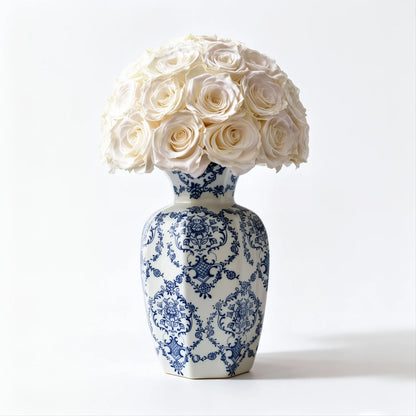 LULU ROSÉE large blue porcelain vase white roses blue porcelain vase on white background