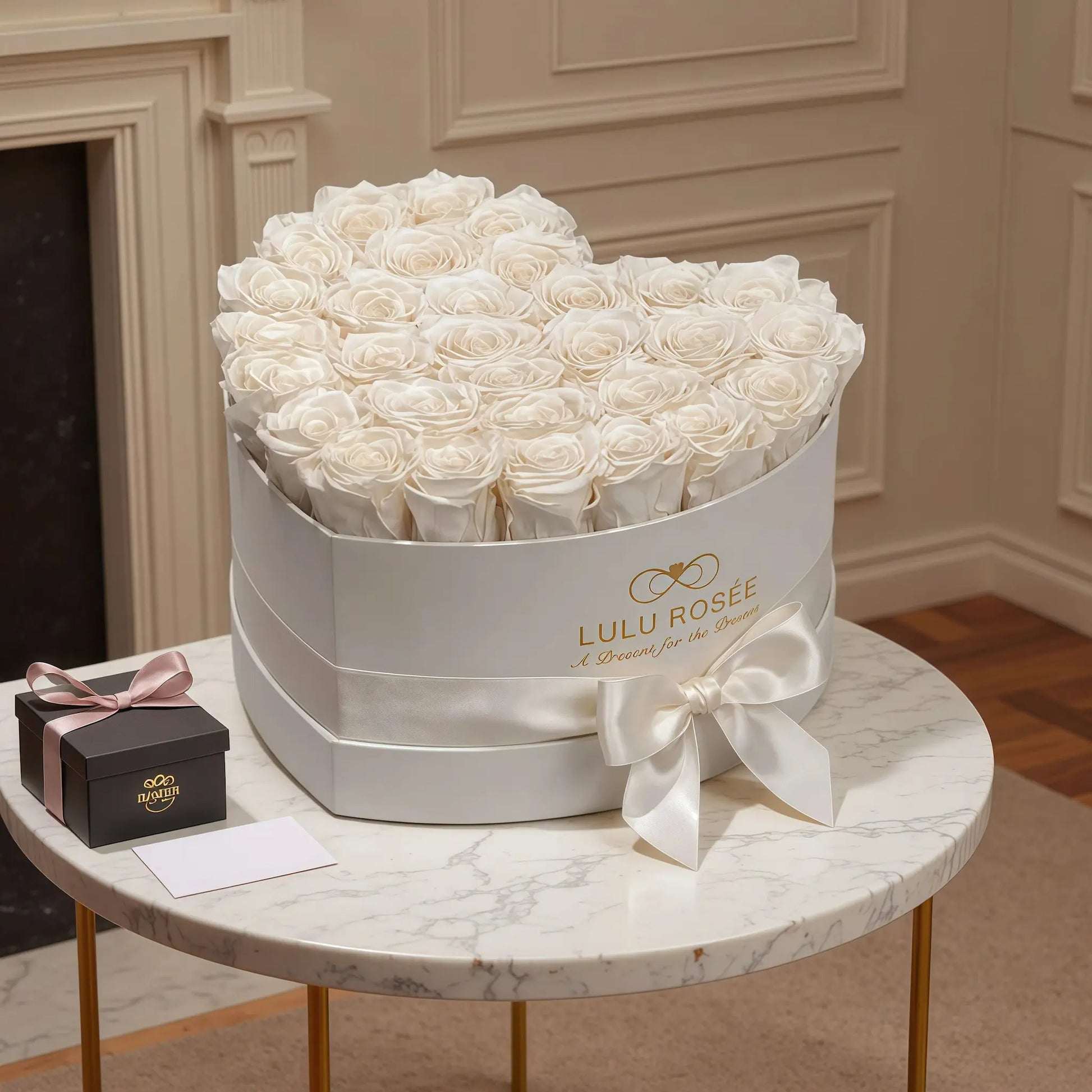 LULU ROSÉE large heart box pearl white roses white classic box in a bright living room