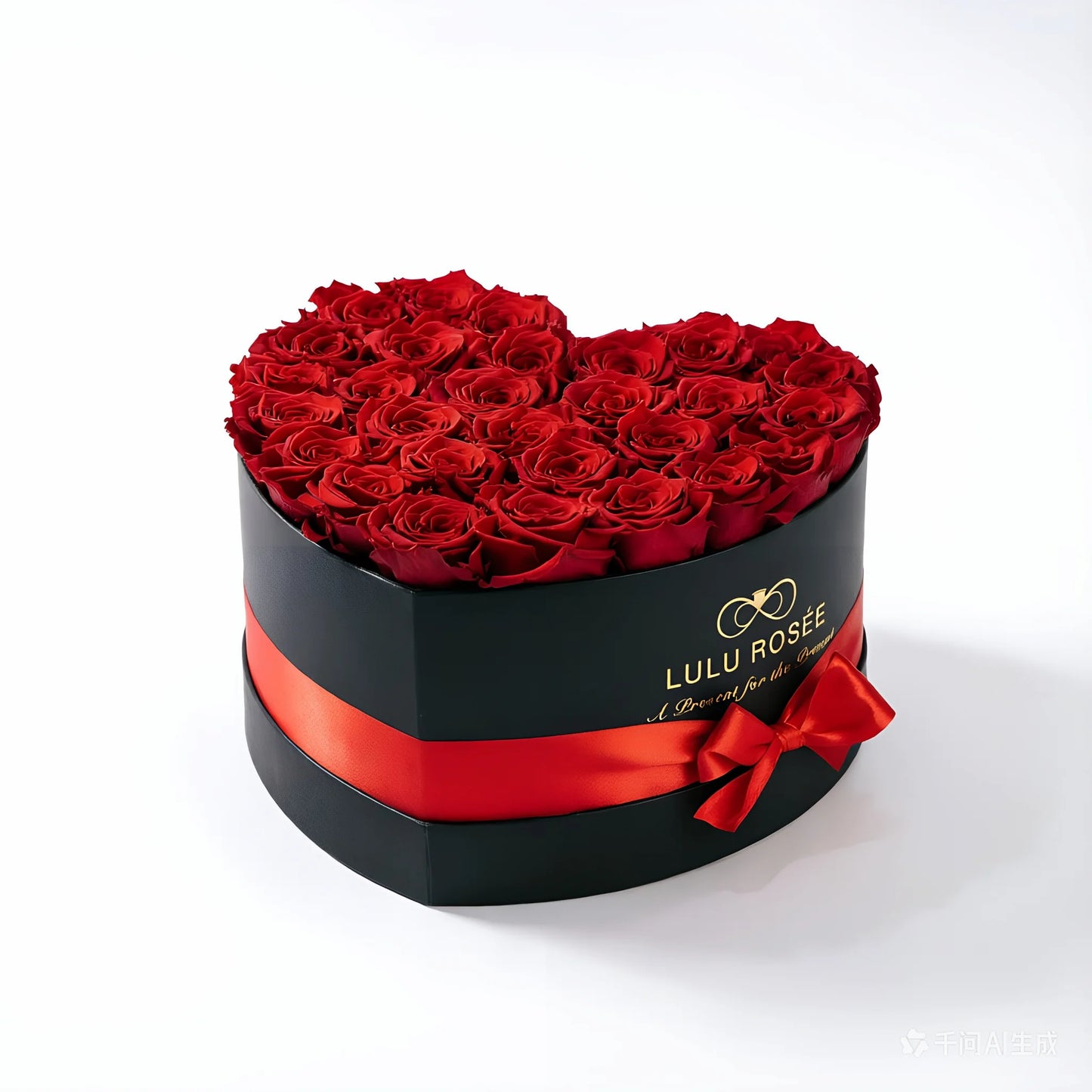 LULU ROSÉE large heart box red roses black classic box on white background
