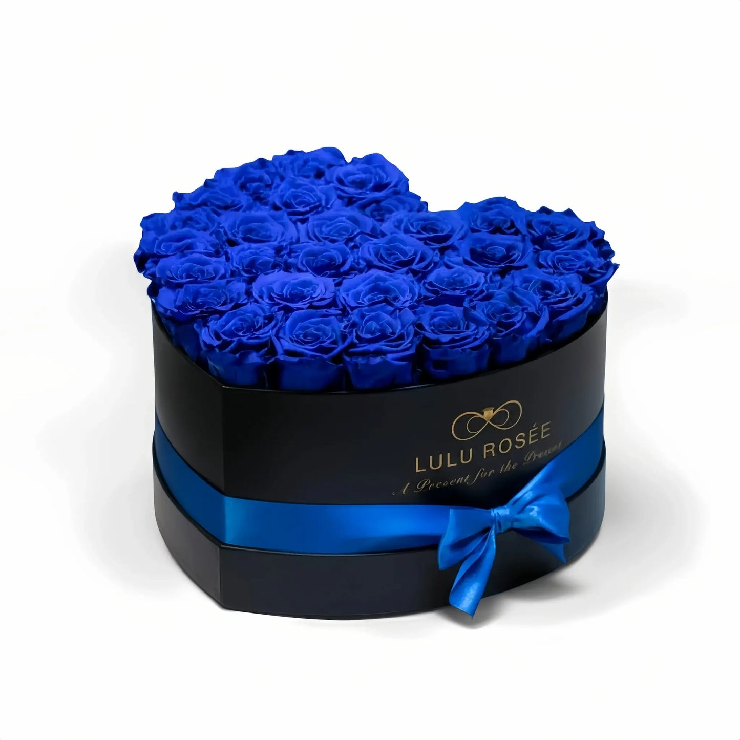 LULU ROSÉE large heart box royal blue roses black classic box on white background