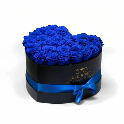 LULU ROSÉE large heart box royal blue roses black classic box on white background
