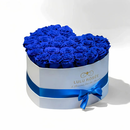 LULU ROSÉE large heart box royal blue roses white classic box on white background