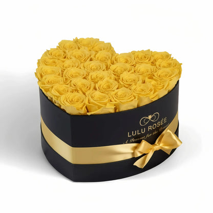 LULU ROSÉE large heart box yellow roses black classic box on white background