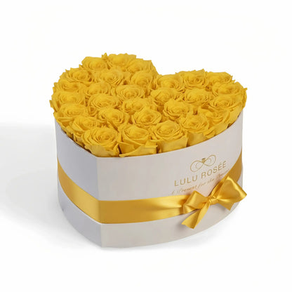 LULU ROSÉE large heart box yellow roses white classic box on white background