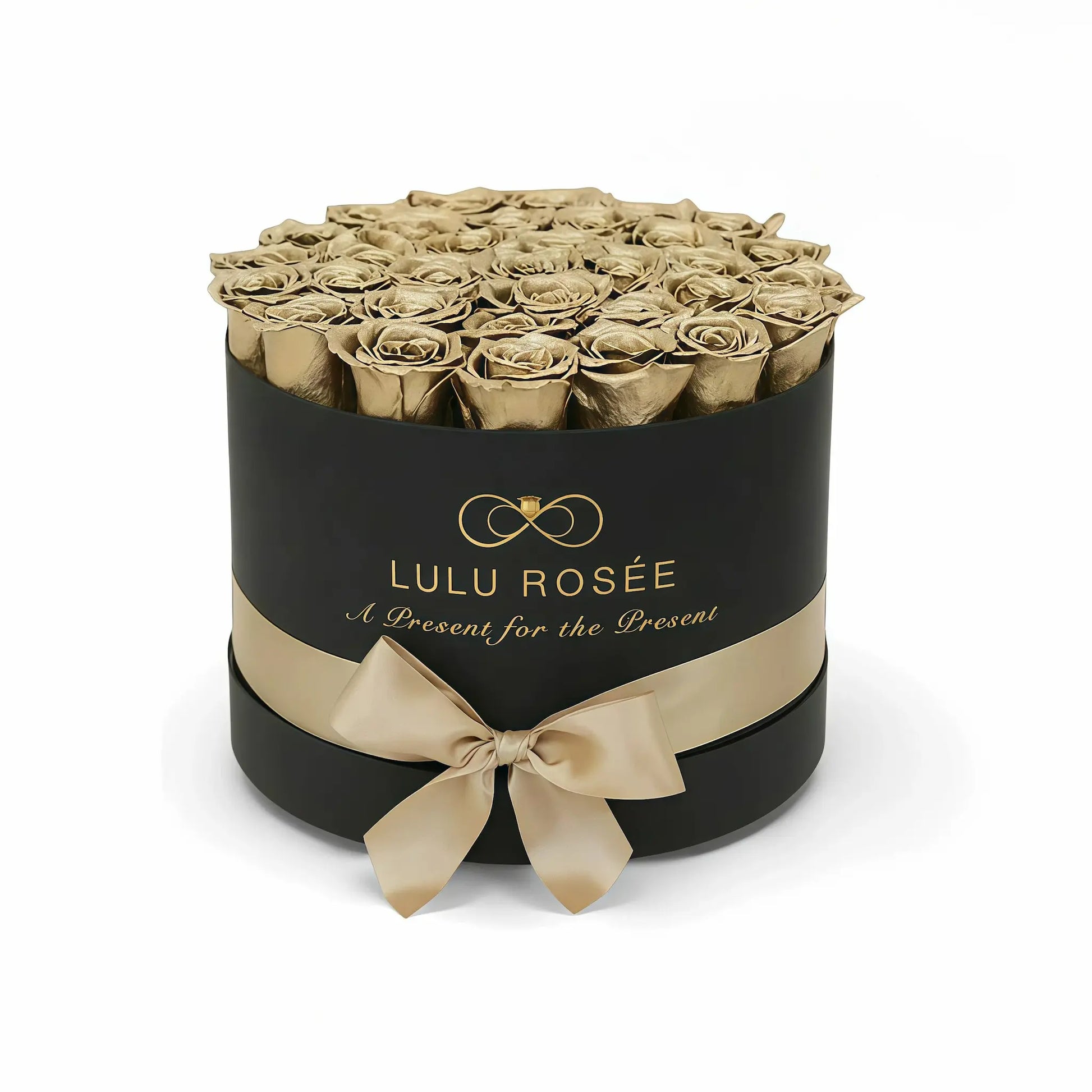 Black box with gold roses and a bow, featuring Lulu Rosée branding.