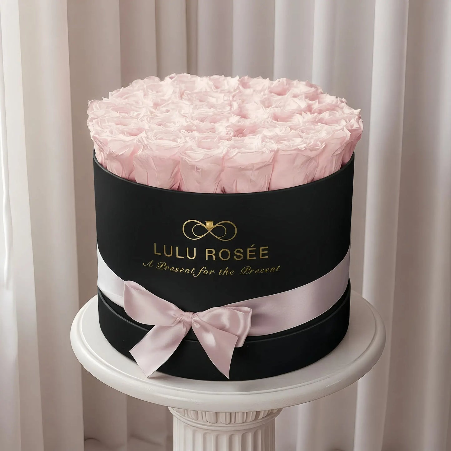 LULU ROSÉE large round box light pink roses black classic box on a white pedestal against a white curtain background