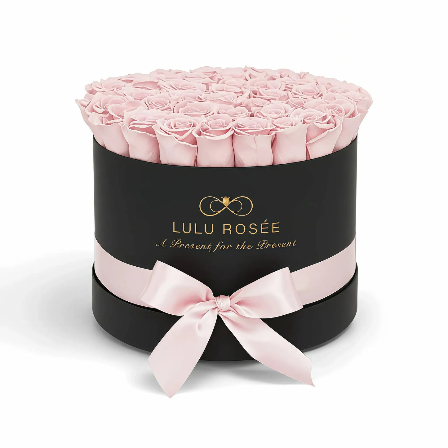 LULU ROSÉE large round box light pink roses black classic box on white background