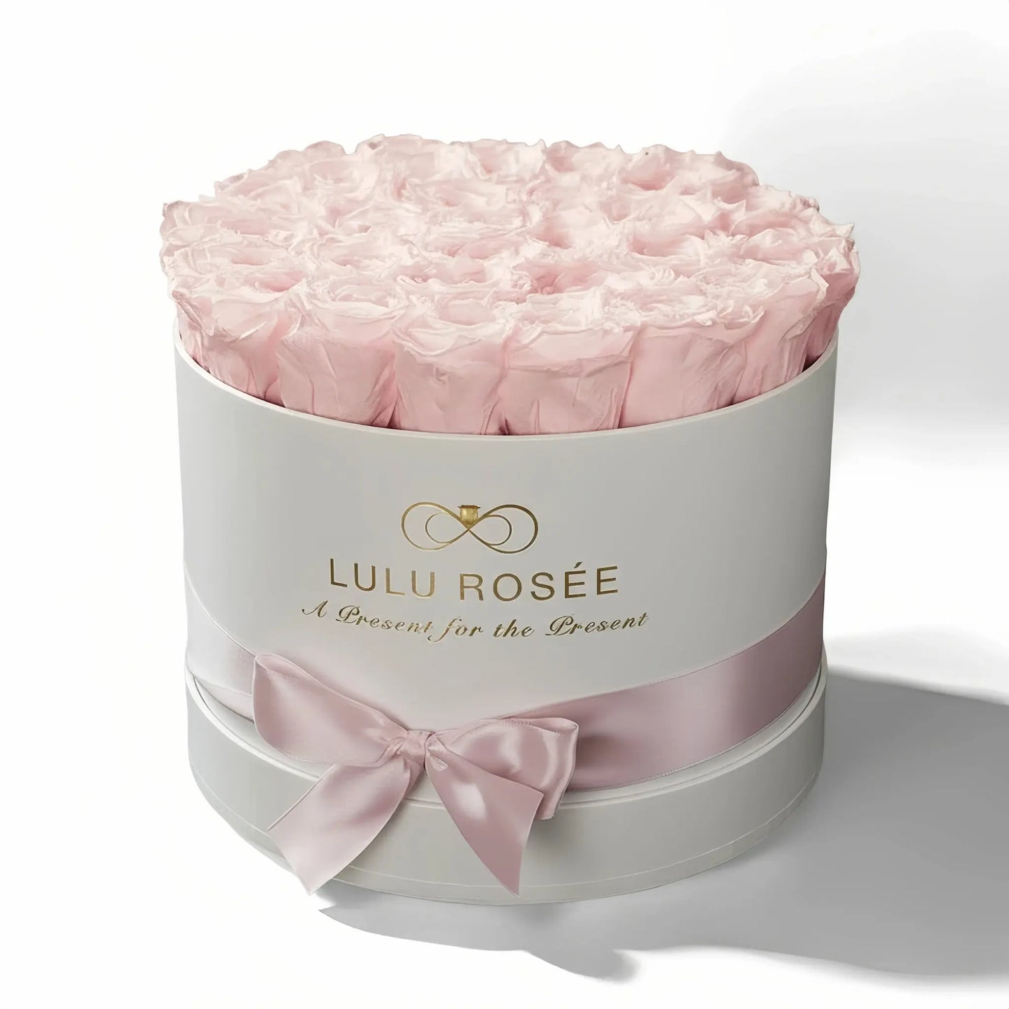 LULU ROSÉE large round box light pink roses white classic box on white background